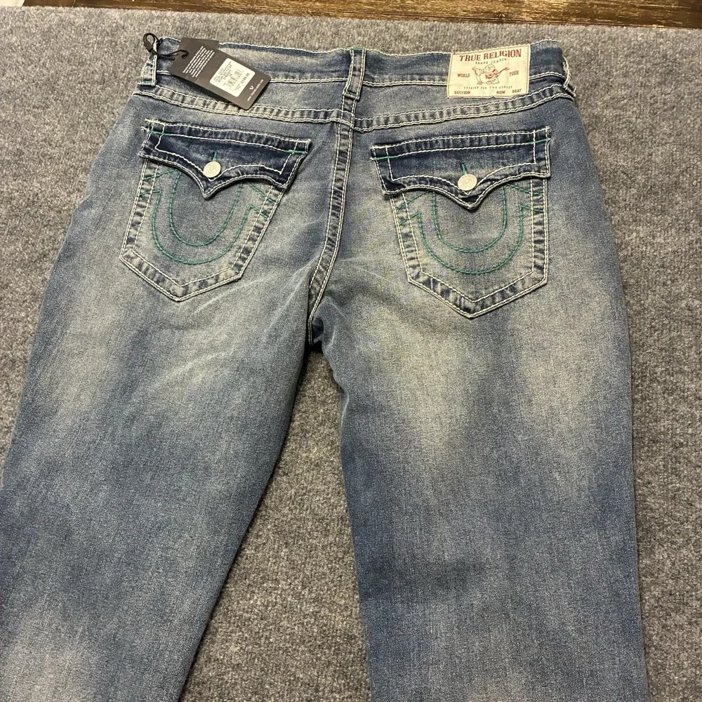 True Religion Big T Flap Faded Straight Leg Jeans Mens 36x32 Thick Stitch Denim